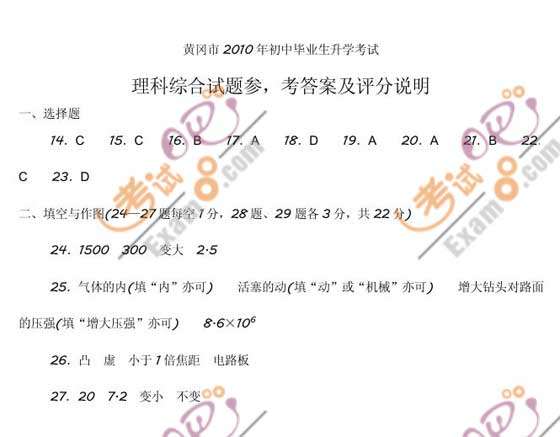 2010年湖北黃岡中考物理試題及答案