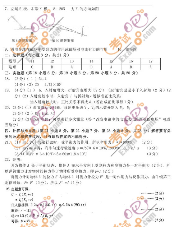 2010安徽中考物理試題及答案