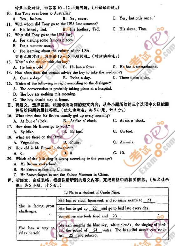 2010年湖北十堰中考英語試卷及答案