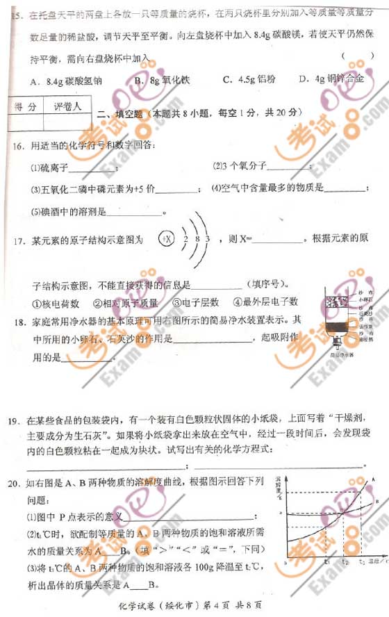 2010黑龍江綏化中考化學試題及答案