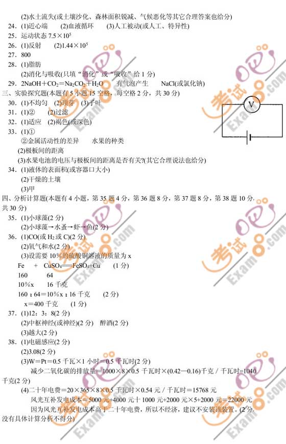 2010浙江衢州中考科學試題及答案