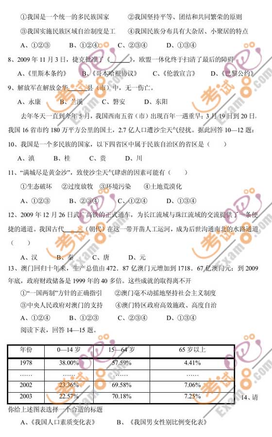 2010年浙江金華中考歷史與社會試題及答案
