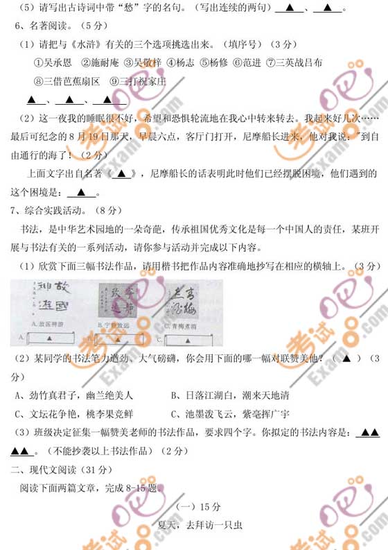 2010浙江臺州中考語文試題及答案