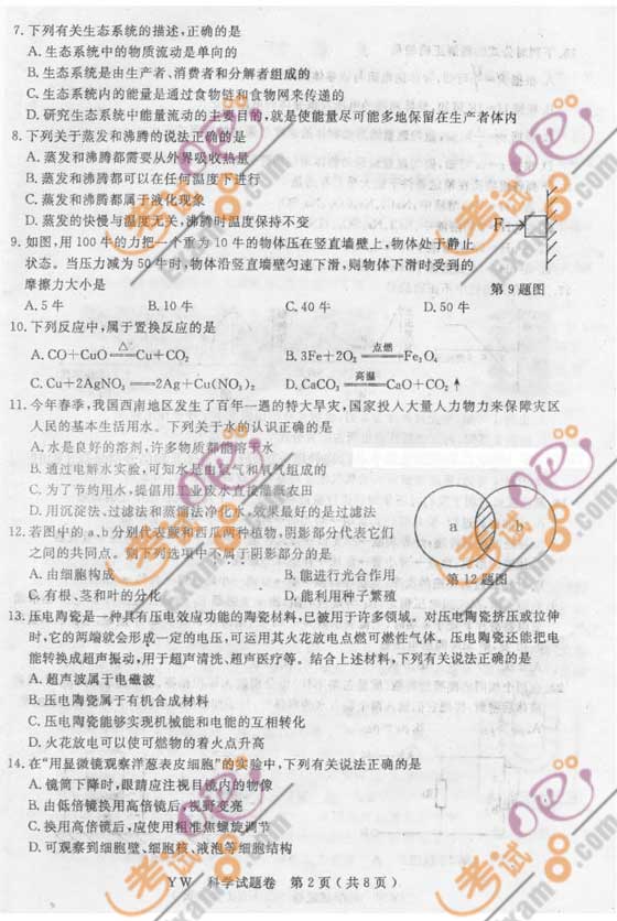2010浙江義烏中考科學真題及答案