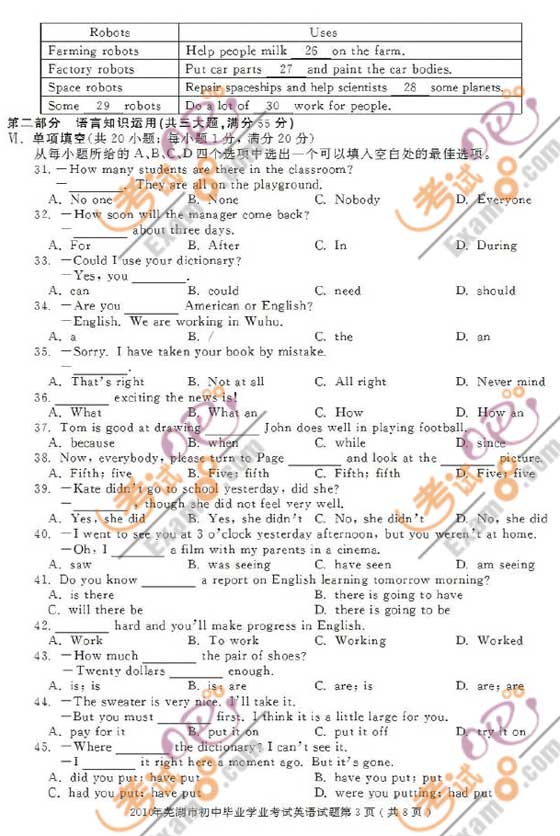 2010安徽蕪湖中考英語試題及答案