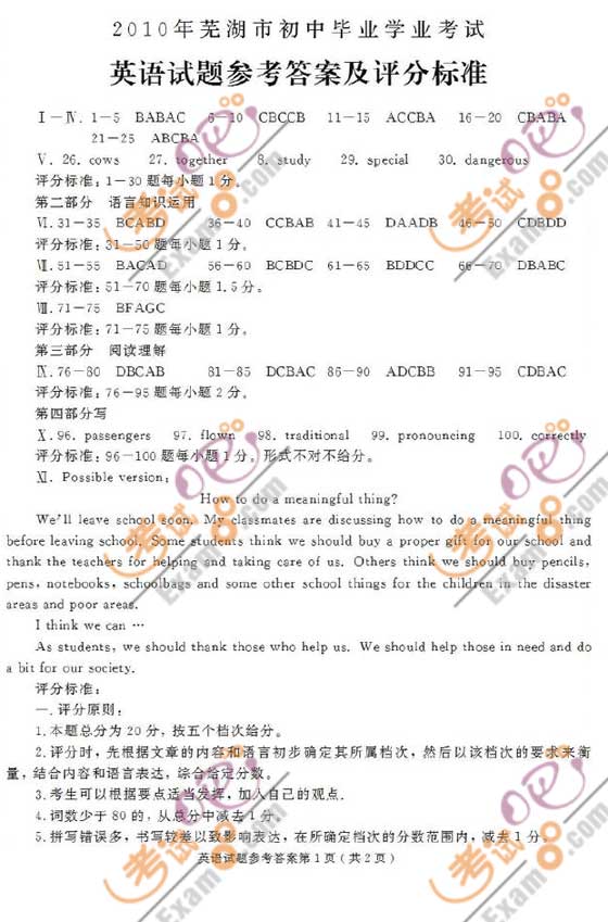 2010安徽蕪湖中考英語試題及答案