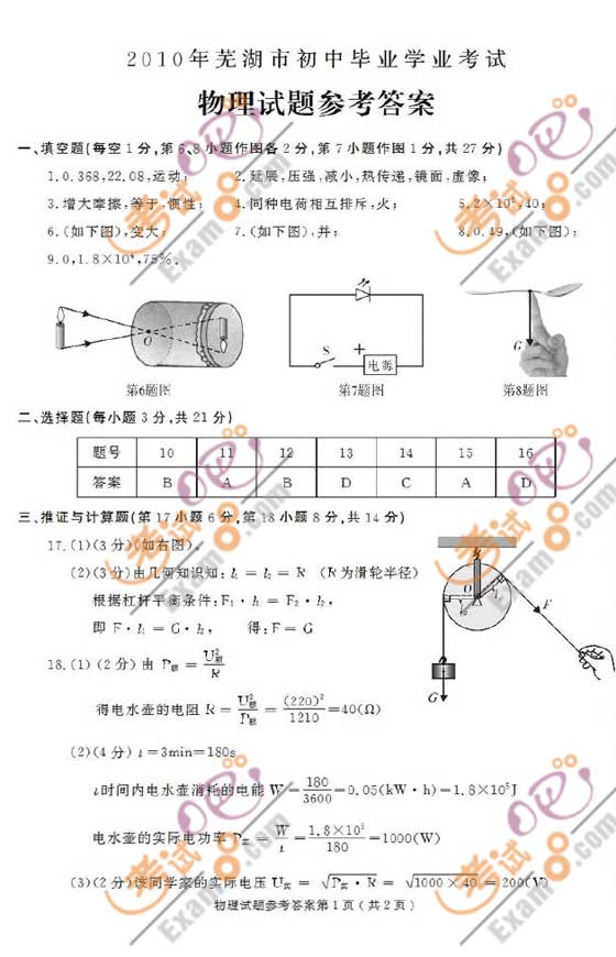 2010安徽蕪湖中考物理試題及答案