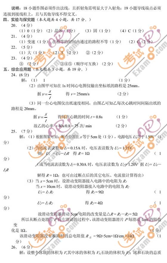 2010年湖北咸寧中考物理試題及答案
