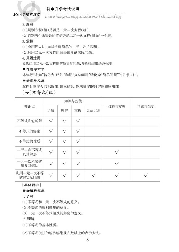 2014哈爾濱中考數學考試大綱說明