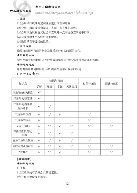 2014哈爾濱中考數學考試大綱說明