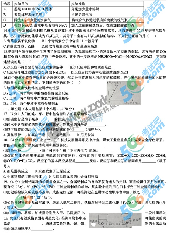 2016年重慶中考化學試題及答案(A卷)