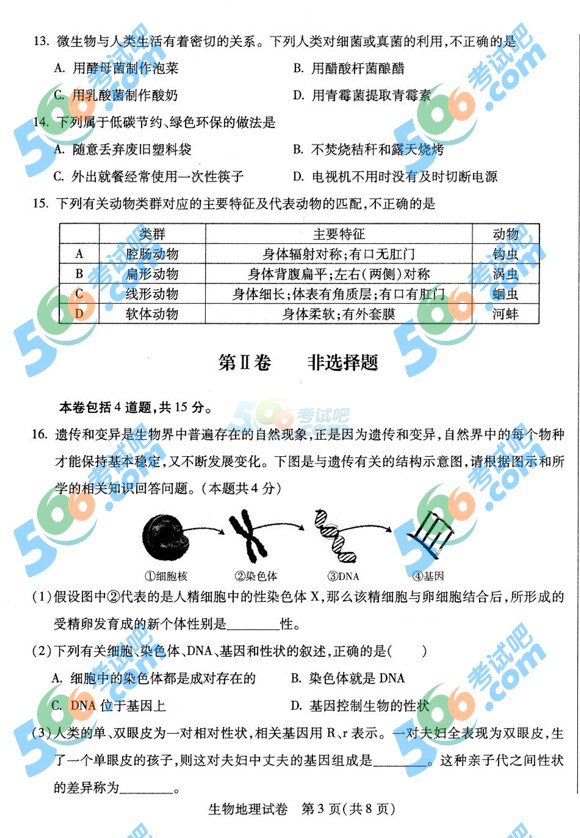 考試吧:2016年保定中考生物試題及答案