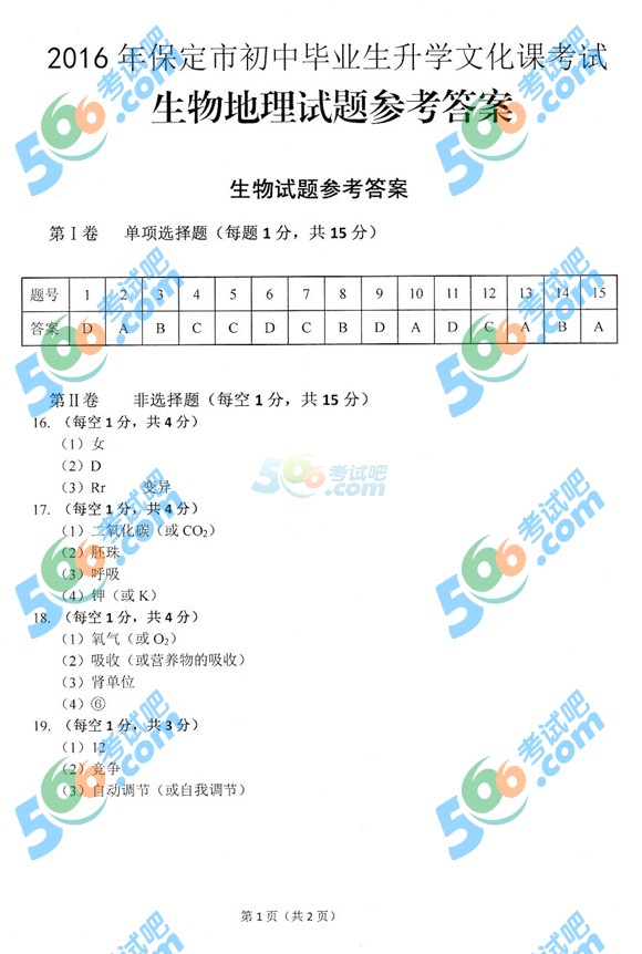 考試吧:2016年保定中考生物試題及答案