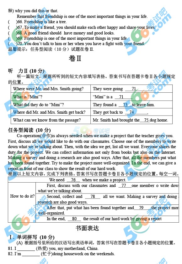 考試吧:2016年銅仁中考英語試題及答案