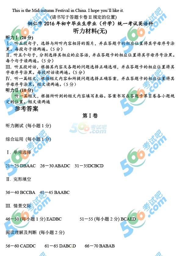 考試吧:2016年銅仁中考英語試題及答案