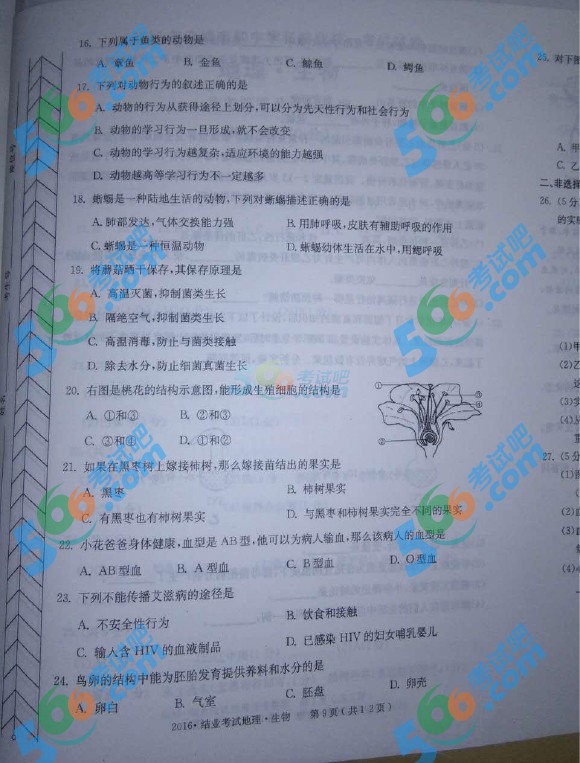 考試吧:2016年赤峰中考生物試題及答案