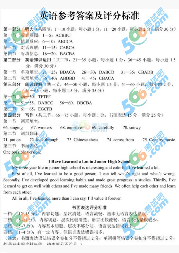 考試吧:2016年云南中考英語試題及答案(省卷)