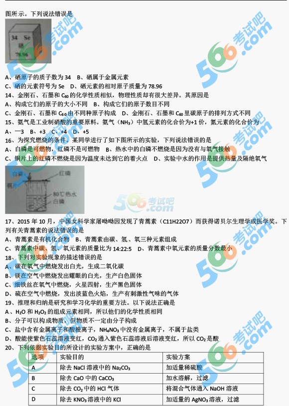 考試吧:2016年云南中考化學試題及答案(省卷)