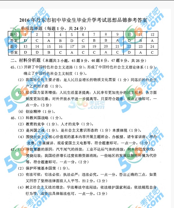 考試吧:2016年丹東中考政治試題及答案