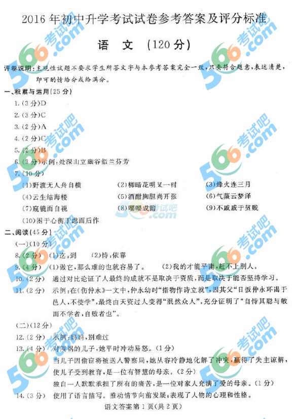 考試吧:2016年包頭中考語文試題及答案