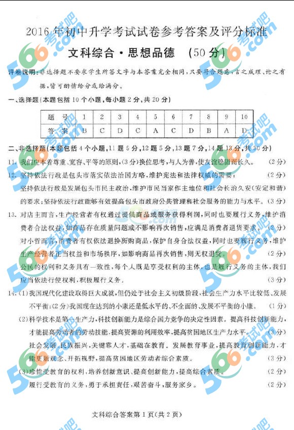 考試吧:2016年包頭中考政治試題及答案