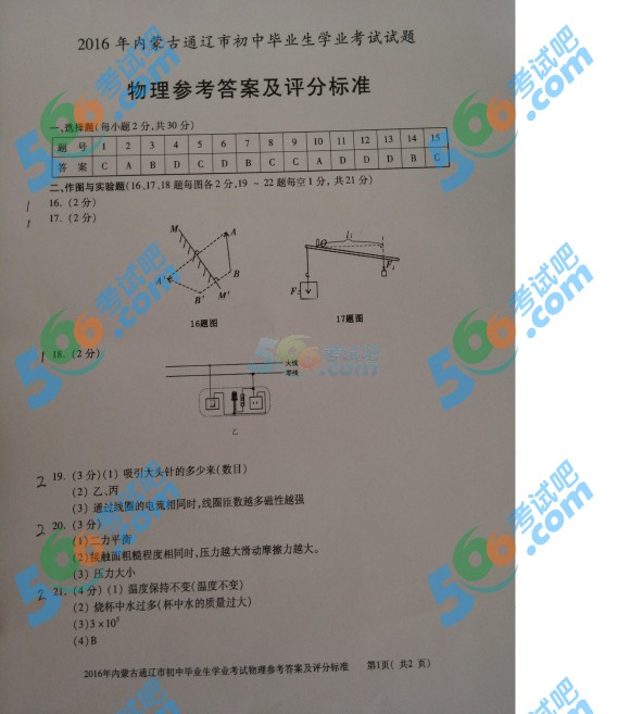 考試吧:2016年通遼中考物理試題及答案
