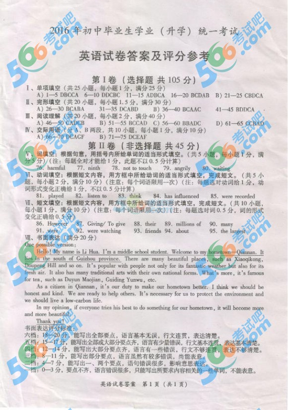 考試吧:2016年黔東南中考英語試題及答案