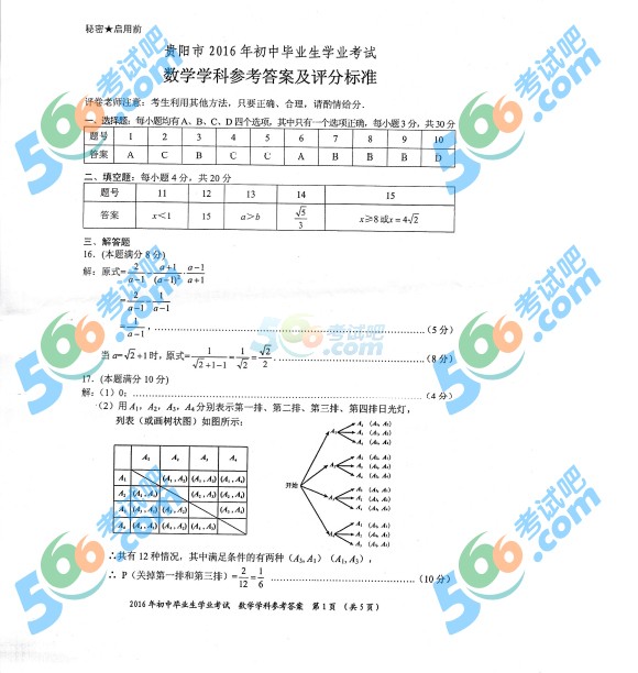 考試吧:2016年貴陽中考數學試題及答案