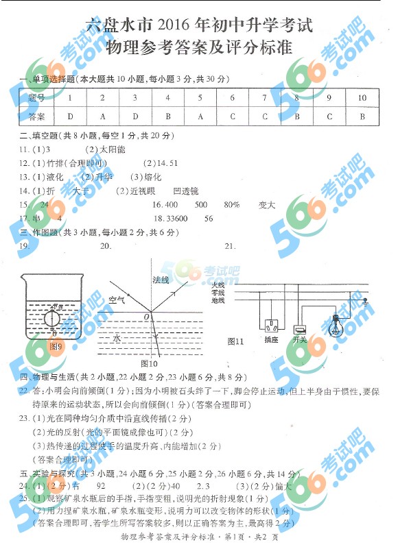考試吧:2016年六盤水中考物理試題及答案