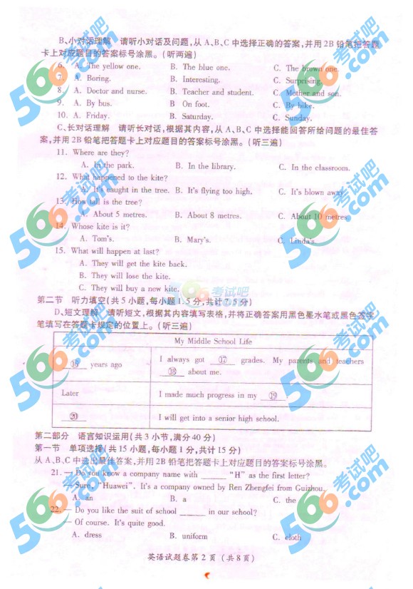 考試吧:2016年遵義中考英語試題及答案