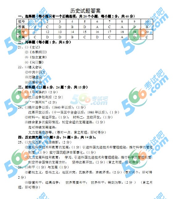 考試吧:2016年黔西南州中考?xì)v史試題及答案