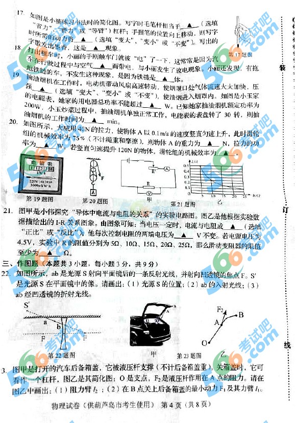 考試吧:2016年葫蘆島中考物理試題及答案