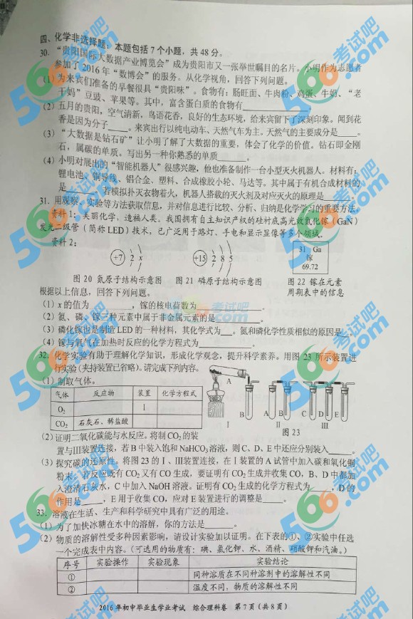 考試吧:2016年貴陽中考化學試題及答案
