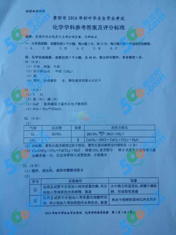 考試吧:2016年貴陽中考化學試題及答案