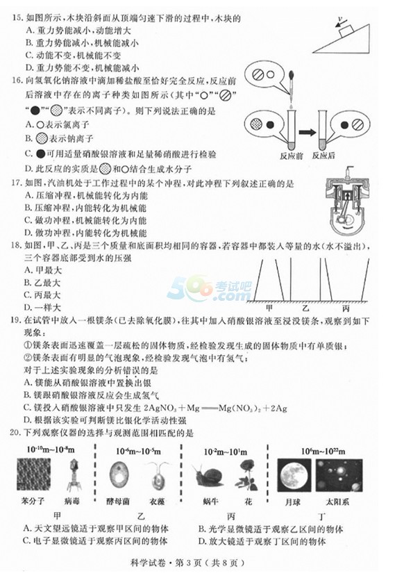 考試吧:2017浙江杭州中考《科學》試題及答案
