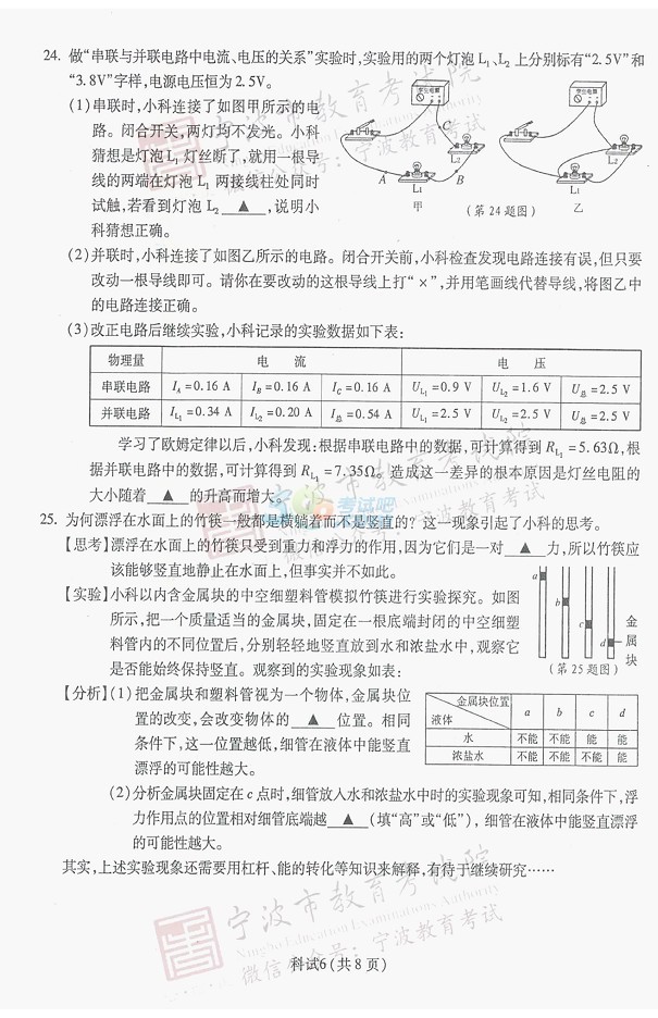 考試吧:2017浙江寧波中考《科學》試題及答案